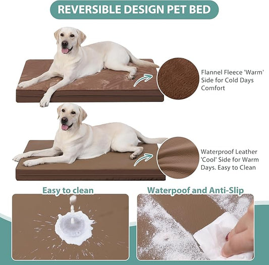 Waterproof XXL Dog Beds Large Sized Dog, Orthopedic Washable Crate Pad 48 inch, Jumbo XXLarge Foam Pet Bed with Removable Cover Reversible, Anti-Slip Kennel Pad, 47"x29", Brown
