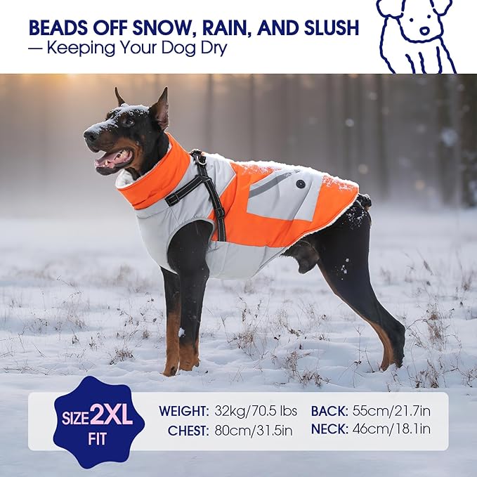 FUAMEY Dog Winter Jackets for Medium Dogs,Dog Coat with Harness Built in,Waterproof Dogs Snowsuits Warm Pet Jacket Zip Up Fleece Cold Weather Coats Reflective Safety Pets Hunting Vest Orange M