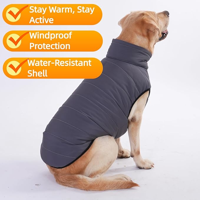 LovinPet Reversible Dog Puffer Coat for Medium & Large Dogs, Down‑Insulated Winter Jacket, Water‑Resistant & Wind‑Resistant, Anti‑Static, Dual-Sided Black & Grey for Cold Weather,3XL