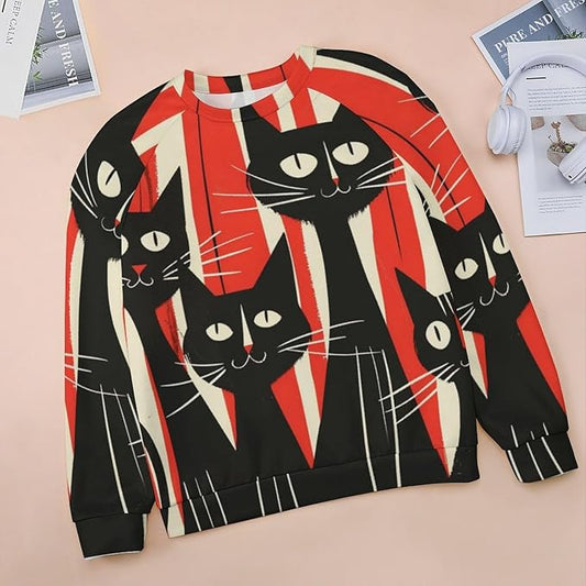 Biacolum Long Sleeve Shirts for Women Mid Century Retro Style Atomic Cat 3D Graphic Sweatshirts Fall Crewneck Pullover Top