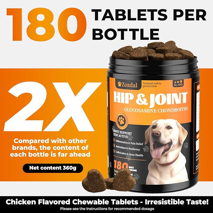 Joint Supplement for Dogs 180 Count, Glucosamine Chondroitin, Glucosamine for Dogs, Dog Hip and Joint Supplement with Chondroitin - MSM - Turmeric, Chicken Flavor, Pain Relief, Joint Health