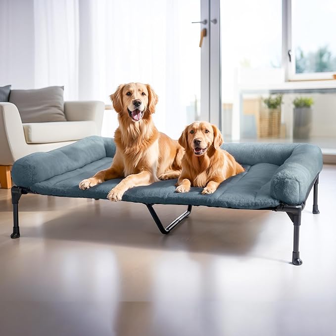 Veehoo Cooling Elevated Dog Bed with Fluffy Plush Bolster Cushion, Indoor Raised Dog Beds for Large Dogs, Soft Pet Sofa Cot with Removable Washable Mat, No-Slip Feet, 59 x 37 inches, Haze Blue