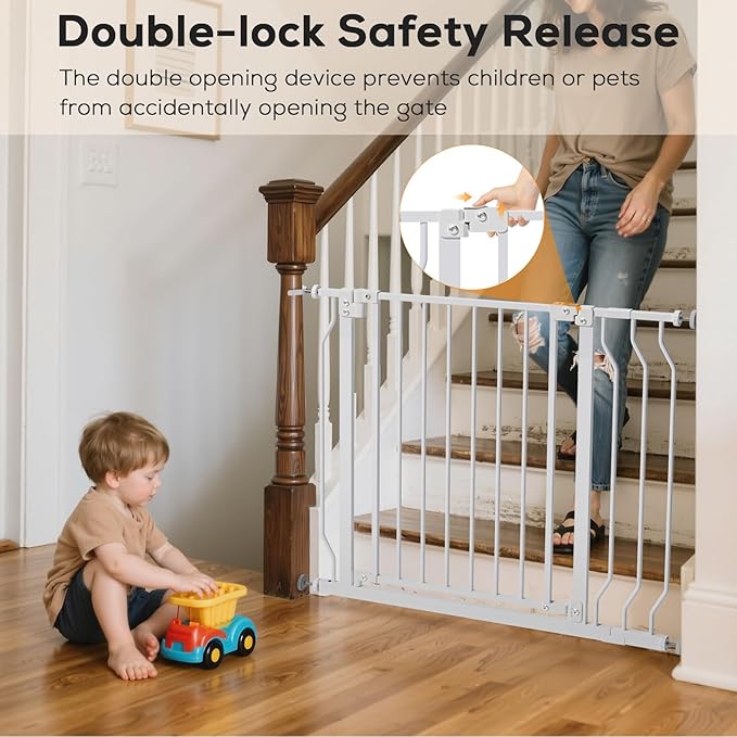 Baby Gate for Stairs, Baby Safety Essentials, Auto Close Gate for Doorways, Easy Install Pressure Mounted Dog Gate Indoor, Pet Gates for Dogs, White