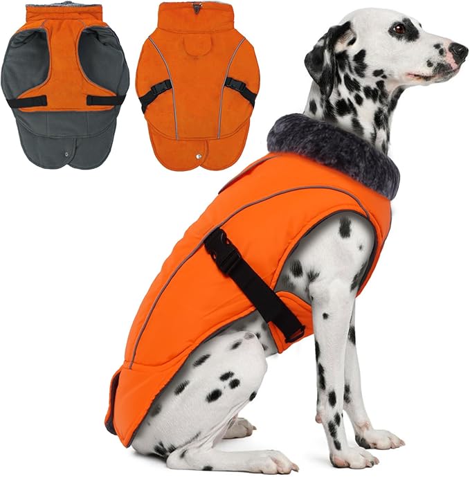 DENTRUN Winter Warm Dog Coat Reflective Jacket with Turtleneck for Cold Weather, Adjustable Buckle Windproof Water Repellent, Thick Snowsuit Fleece Vest for Small, Medium, Large Dogs, Orange, XL
