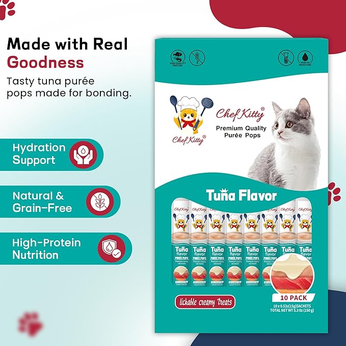 Chef Kitty Purée Pops, Cat Treats, Grain-Free, Lickable, Squeezable Creamy Cat Treat/Topper with Vitamin E & Taurine, 0.5 Ounces Each Tube, 10 Tubes, Tuna Flavor