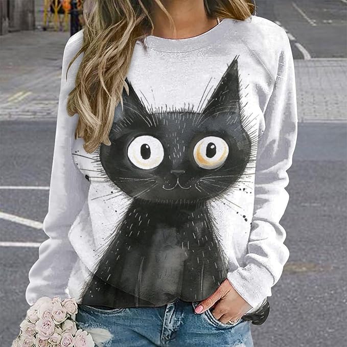 Biacolum Long Sleeve Shirts for Women Mid Century Retro Style Atomic Cat 3D Graphic Sweatshirts Fall Crewneck Pullover Top