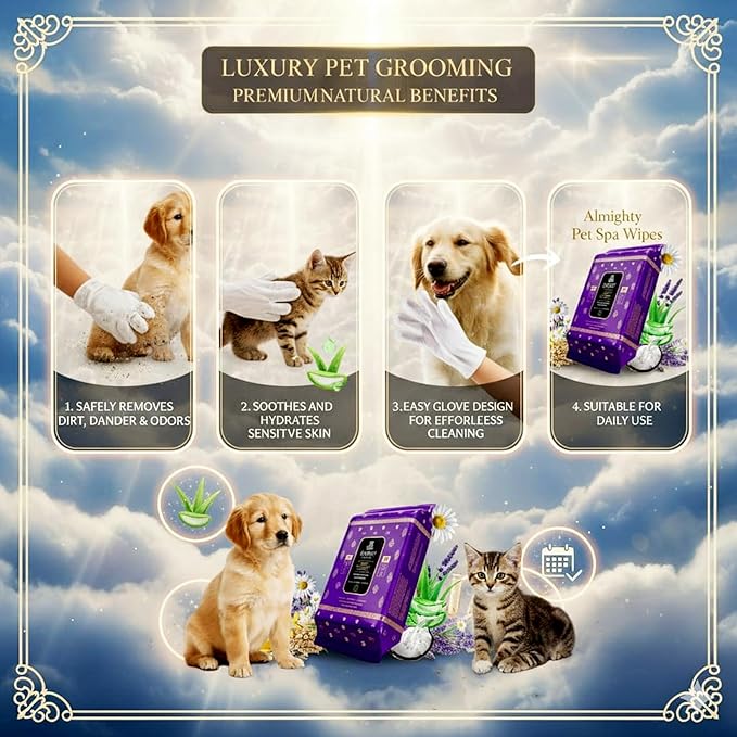 Almighty – Premium Pet Grooming Glove Wipes for Dogs & Cats | 20 Count | Instant Bath Cleaning Glove | Ultra-Thick, Hydrating & Nourishing | Deodorizing, Hypoallergenic, No-Rinse – Tea Scent