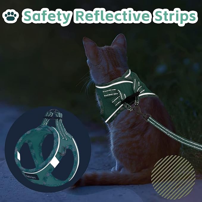 Cat Harness and Leash Set for Walking, Escape Proof Adjustable Soft Mesh Kitten Harness with Reflective Strips, Breathable No-Choke Pet Vest for Small Cats or Puppies(Green,M)