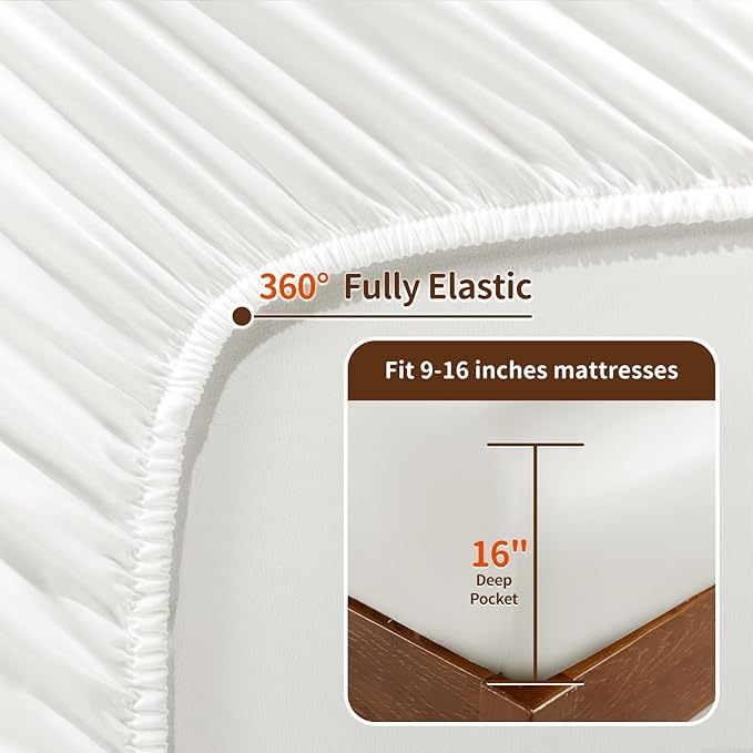 LBRO2M 100% Mulberry Silk Satin Sheets Set Queen Size Silk Fitted Sheet16 Deep Pocket Cool Bedding Sheet 4 Piece Wrinkle Resistant (Queen, White)