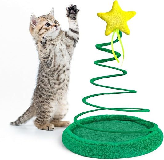 PAWISE Christmas Tree Cat Toy with Spiral Spring Plate – Interactive Plush Teasing Toy for Indoor Cats & Kittens, Holiday Fun & Active Play
