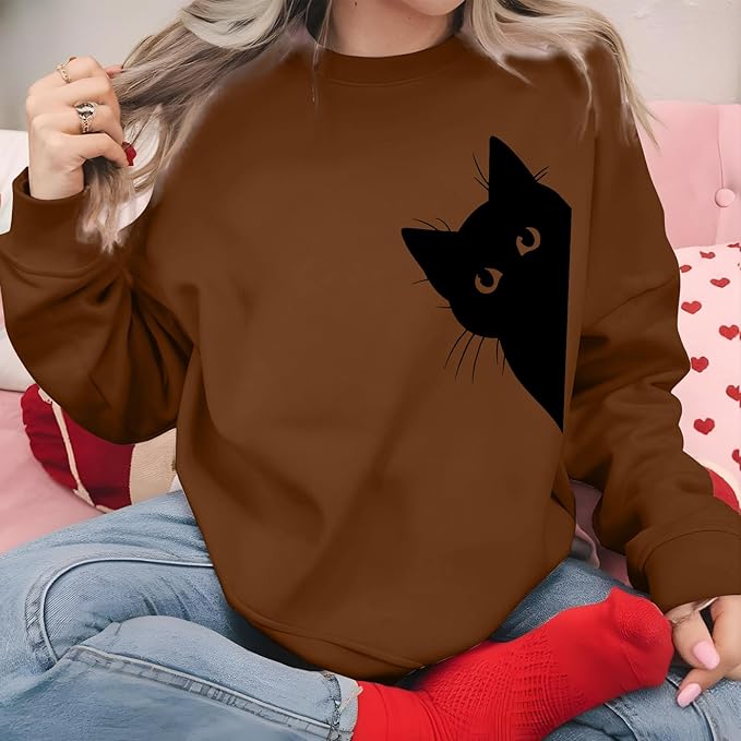 Cat Sweatshirts for Women Graphic Print Sweatshirt Funny Long Sleeve Shirt Cute Pullover Lightweight Hoodie Tops