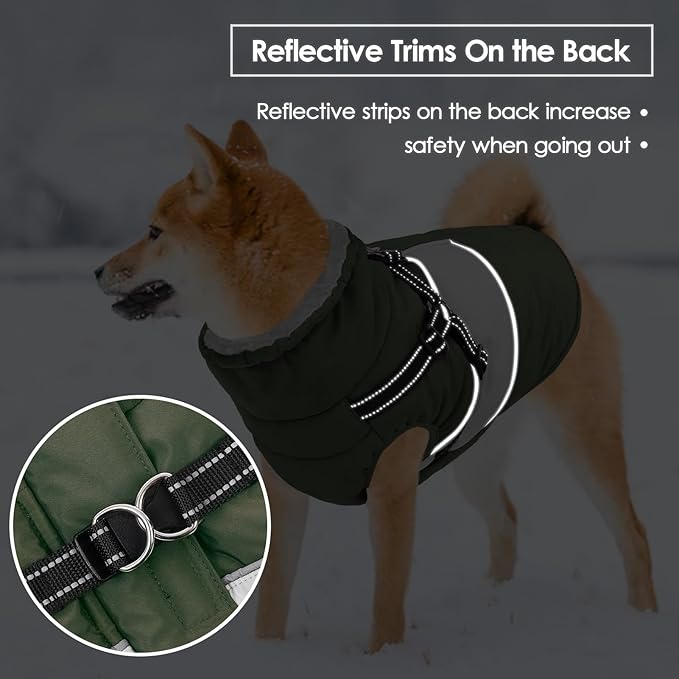 SUNFURA Dog Jacket, Large Dog Coat with Harness Built in, Warm Pet Winter Jacket Zippered Snow Coat with Furry Collar, Waterproof Fleece Snowsuit for French Bulldog, Army Green L