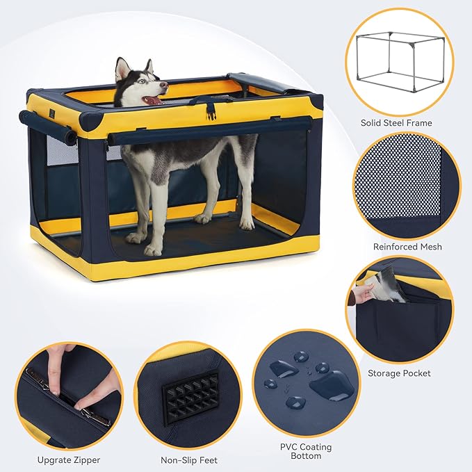 A 4 Pet Soft Dog Crate 30 Inch Small Portable Collapsible Pet Travel Kennel, 3-Door Lockable Zippers & Reinforced Steel Frame, Easy Setup, Mesh Panels — Ideal for SUV, Car, Camping & Home Use