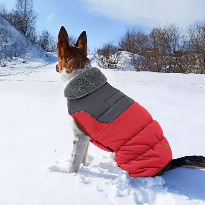 EMUST Dog Coats for Medium Dogs M, Waterproof Dog Jacket with Reflective Strips, Warm Pet Vest Snowsuit with Foldable High Collar for Cold Winter, Red