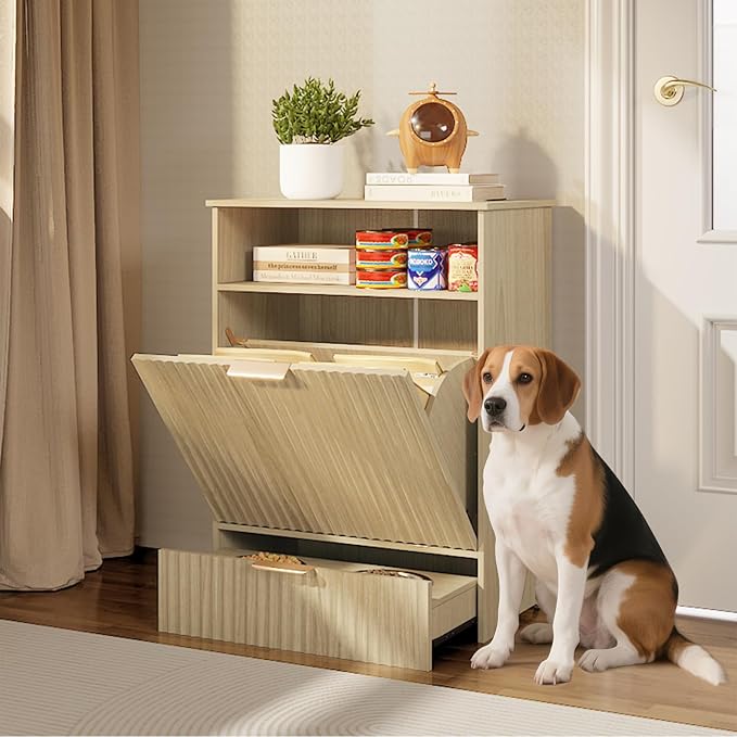 Erinnyees Dog Feeding Station, Dog Food Storage Container with Raised Bowls, Pet Feeder Station Food Cabinet for Toy Feeding Watering Supplies, Natural