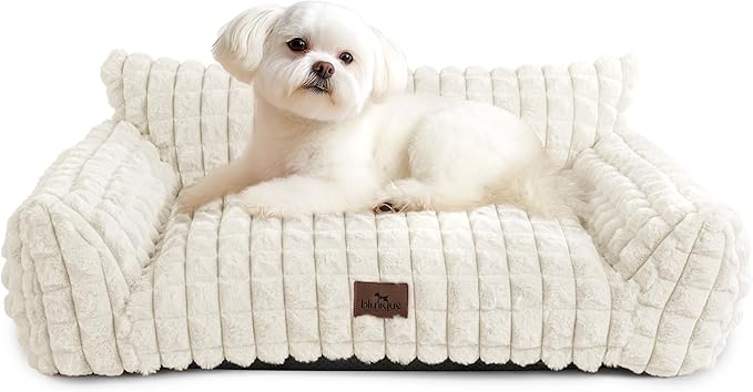 Dog Couch Beds for Dogs/Cats, Supportive Washable Fluffy Faux Rabbit Pet Sofa Cat Couch with Removable Zipper Cover for Small/Medium Dogs 30 x 20 x10inch, Off White
