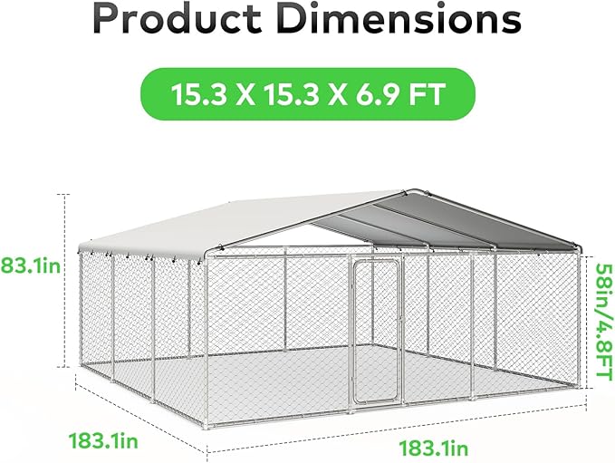 15.3x15.3 FT Outdoor Dog Kennel Outside with Metal Large Dog Cage, Outdoor Dog Pens with Roof, Heavy Duty Dog Kennel for Backyard Farm Use(183.1x183.1x83.1IN)