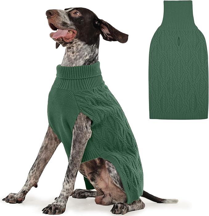 FUAMEY Dog Sweaters for Extra Large Dogs,Cold Weather Dog Knitwear,Thick Warm Dogs Turtleneck,Pet Pullover Cable Sweater,Pets Winter Clothes for Labrador Golden Retriever Green 2XL