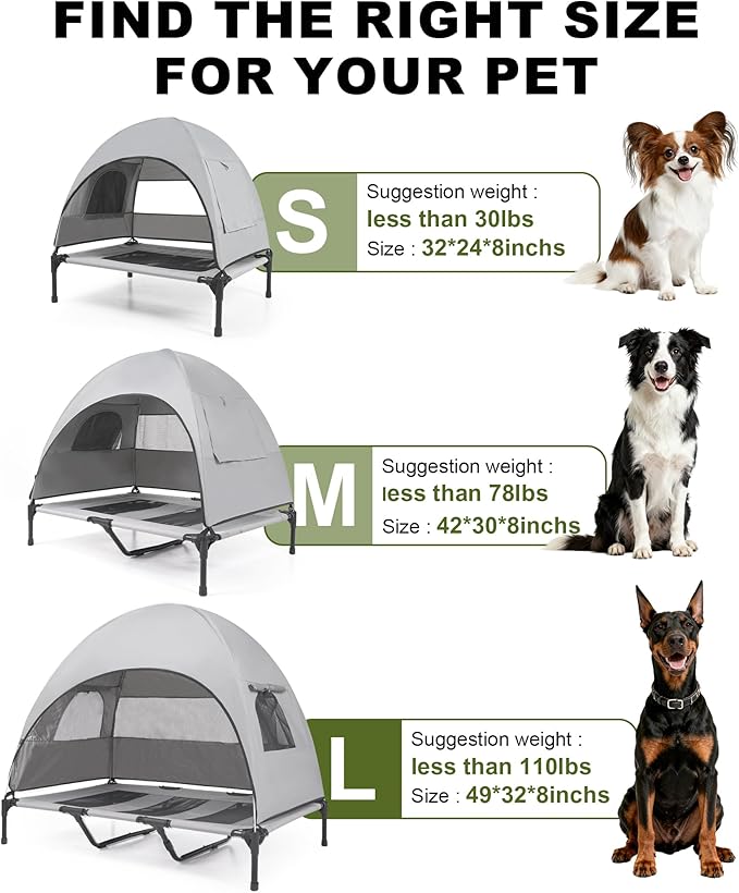 Large Raised Dog Bed with Removable Shade Canopy, Breathable & Waterproof Outdoor Pet Cot for Dogs up to 110 Lbs, Durable Steel Frame Dog Camping Bed for Lawn, Porch, Beach or Indoor Resting
