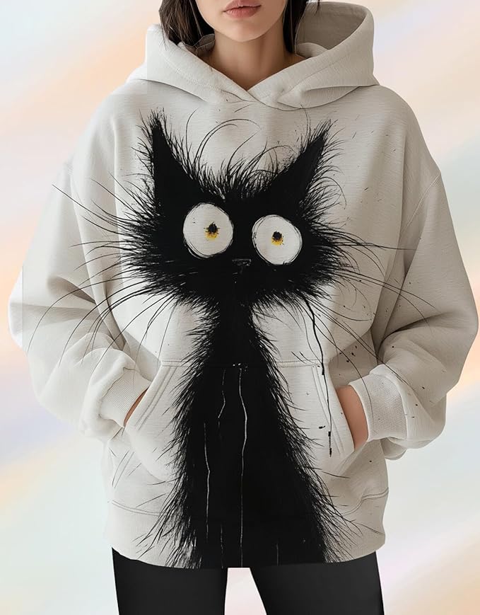 Womens Cat Print Hoodies Trendy Funny Cat Graphic Long Sleeve Sweatshirt Y2k Streetwear Hooded Pullover Tops