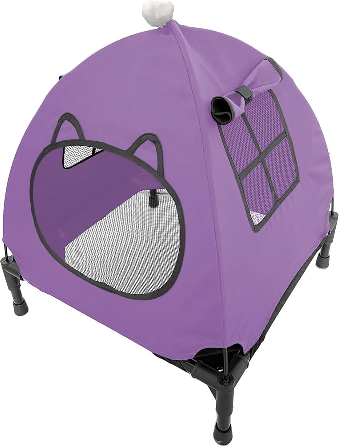 Pozico Elevated Pet Bed with Breathable Mesh for Small Cat and Dog, Raised Cooling Pet Cot for Puppy and Kitty, 18.9x18.9 inch (Purple Bed with Canopy)