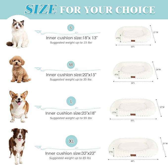 Dog Bed Large Size Dogs Washable Soft Furry Pet Bed, Calming Rectangle Large Dog Bed with Removable Cover & Anti-Slip Bottom, Orthopedic Anti-Anxiety Pet Bed with Handle, 35x27x5inches, Cream