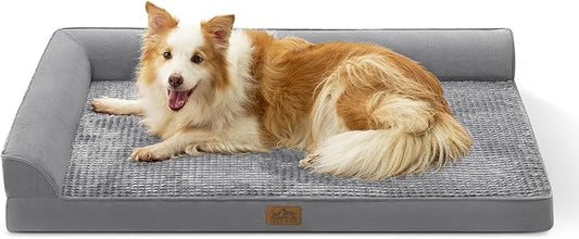 Orthopedic Dog Bed for Large Size Dog, Extra Large Pet Sofa, Foam Bolster Couch with Waterproof Lining Cover, Anti-Slip, Washable, L-Shaped, XL 44x32x7 inch, Grey
