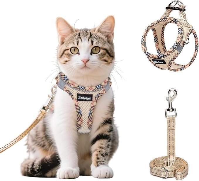 Cat Harness and Leash Set for Walking, Escape Proof Adjustable Soft Mesh Kitten Harness with Reflective Strips, Breathable No-Choke Pet Vest for Small Cats or Puppies(Beige,XXS)