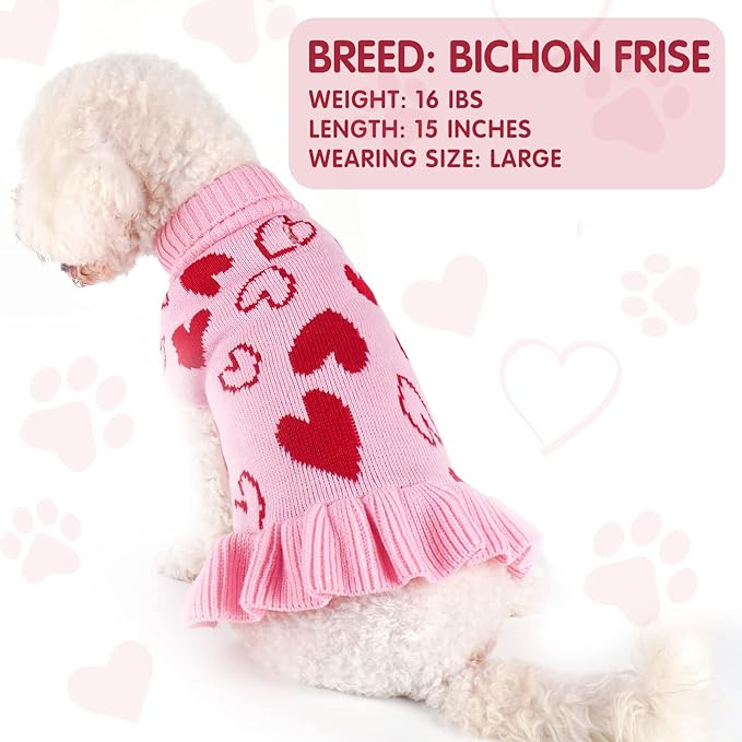 cyeollo Dog Sweaters Dress Valentines Day Dog Clothes Pullover Turtleneck with Leash Hole Heart Pattern Holiday Theme Female Pet Apparel Sweaters for Small Dogs
