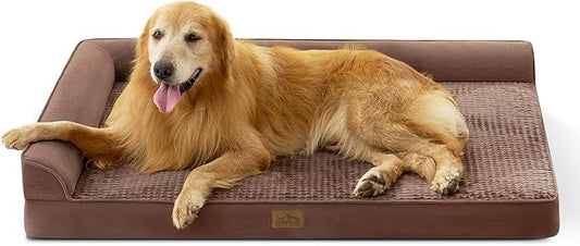 Orthopedic Dog Bed for Extra Large Dog, Giant Pet Sofa, Foam Bolster Couch with Waterproof Lining Cover, Anti-Slip, Washable, L-Shaped, XXL 48x35x8 inch, Brown
