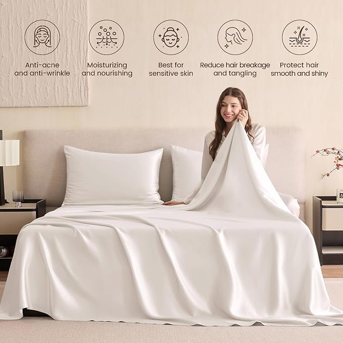 THXSILK Silk Sheet Set 5Pcs, 6A+ Top Grade 100% Pure Mulberry Silk Bed Sheets, Ultra Soft Durable Luxury Bedding Sets, 2 Fitted Sheet, 1 Flat Sheet and 2 Pillowcases (Split King, Pearl White)