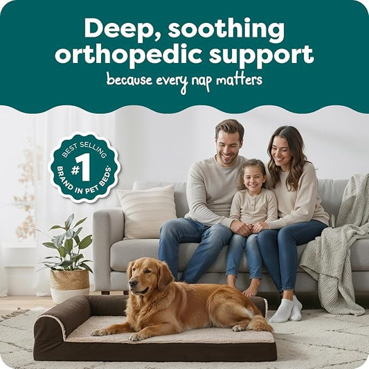FurHaven Orthopedic Dog Bed for Large Dogs, L-Shaped Chaise Contour Mattress with Egg Crate Orthopedic Memory Foam for Joint Support, Removable Washable Cover, Jumbo/XL, Faux Fur & Suede, Espresso