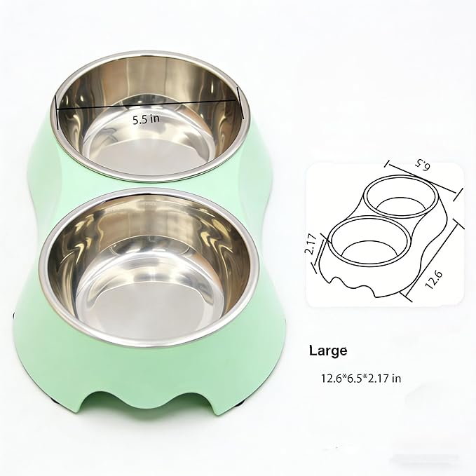 Large Green Double Pet Bowl – Non-Slip Stainless Steel Food & Water Set for Medium/Large Dogs & Multiple Cats, BPA-Free Mess-Free Feeding Dishes