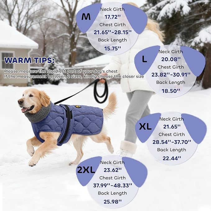 Dog Coats, Warm Puppy Apparel with Fleece Lining for Cold Weather, Windproof Medium Dog Winter Jacket, Reflective Dogs Snow Coat with Leash Hole and Adjustable Buckle, NewBlue M