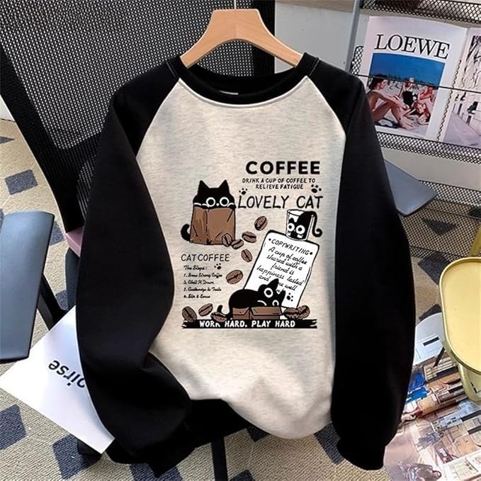 IVERIRMIN Women's 3D Cute Cat Print Sweatshirt Casual Long Sleeve Crewneck Cute Cat Pullover Loose Fit Shirts