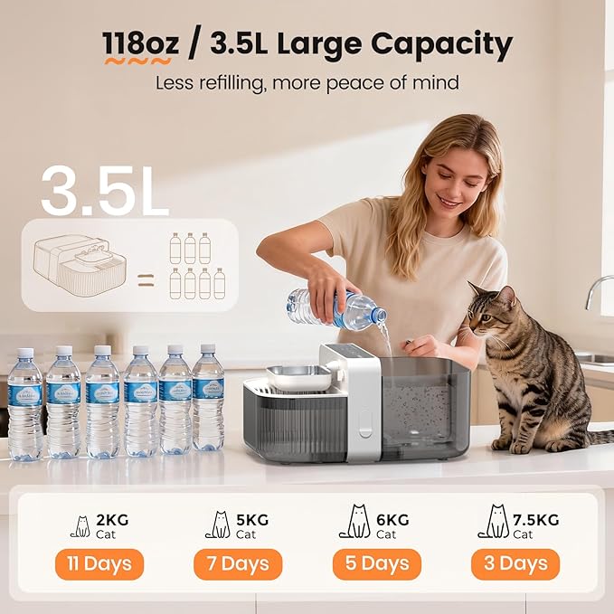 No-Filter Wireless Cat Water Fountain, 3.5L Stainless Steel Pet Fountain for Cats & Dogs – Wastewater Separation, Auto Refill, Ultra-Quiet 3000mAh Battery, Indoor Smart Water Dispenser