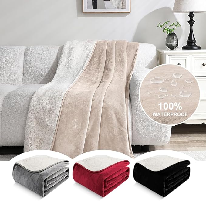 Waterproof Blanket for Couples – Ideal for Couch & Bed Splash Proof Sherpa Throw, Leakproof TPU Layer, Stain Resistant Washable Bed Protector – Khaki, 80"x60"