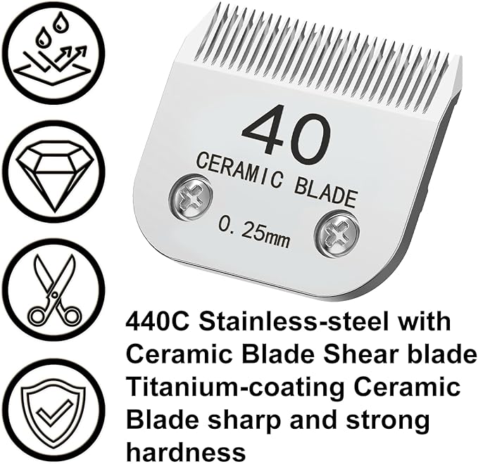 Docal 40# Silver Detachable Clipper Ceramic Blades, Dog Grooming Clipper Replacement Blades Compatible with Dog Clippers, KM Series Clippers, A5, Size 40, Cut Length 1/100"(0.25mm)