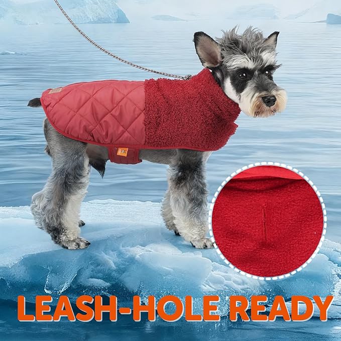 FOFOS Dog Winter Coat, Plush Dog Jacket with Leash Hole, Adjustable Warm Pet Snow Vest for Small Medium Dogs, Red, XL