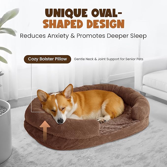 Anti-Anxiety Dog Bed for Medium Dogs, Cozy Round Egg Crate Foam Sofa with Washable Removable Cover & Bolstered Sides, Comfortable Pet Chair or Crate Bed,Camel (35")