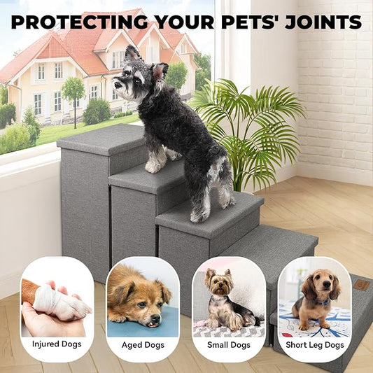 Dog Stairs for High Beds, Folding Pet Stairs Gift for Dogs Puppy with Storage for Bed Couch, Cat Dog Ramp Hold Up to 200 lbs (Gray, 5 Steps with Condo(49" D x 17" W x 26" H))