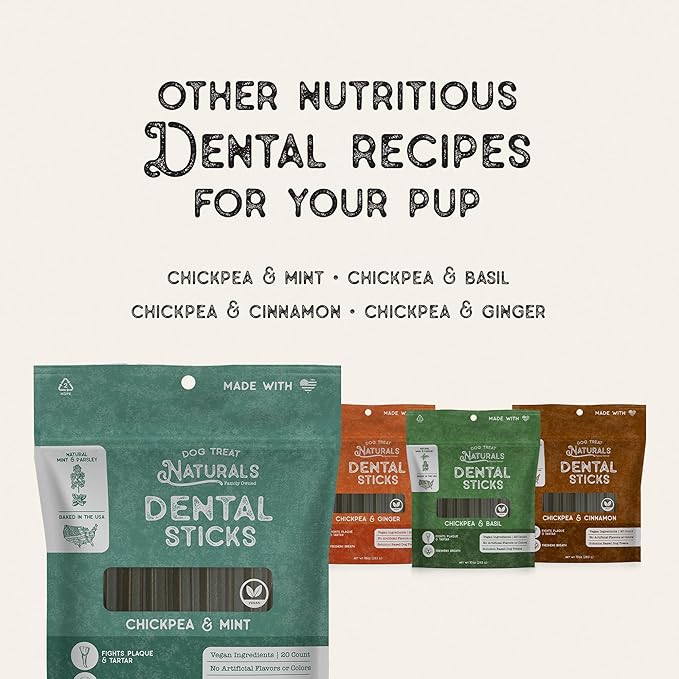 Dog Treat Naturals Dental Chew Sticks | Helps Clean Teeth and Easy to Digest Dog Treats | Dog Breath Freshener | Made with Chickpea & Ginger| Made in USA (20 Sticks)