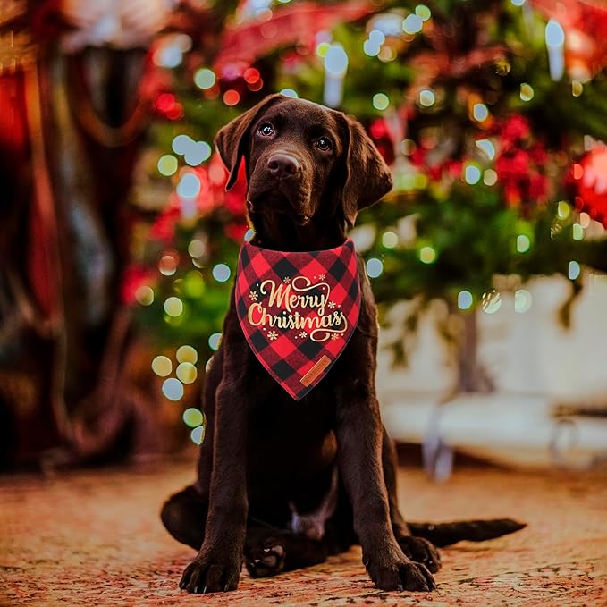 ADOGGYGO 2 Pack Dog Bandana Christmas Classic Plaid Triangle Pet Scarf Bibs Kerchief Merry Christmas Bandanas for Medium Large Dogs Pets (Large)