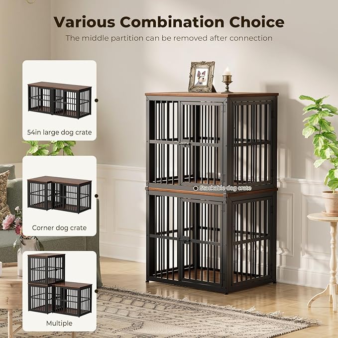 Lyromix 54'' Dog Crate Furniture with Double Rooms,Wooden Crate End Table Heavy Duty Indoor Puppy Cage for 2 Small Dogs, Multiple Units Can be Combined, Walnut