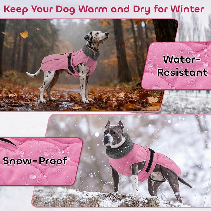 Dog Winter Coat, Adjustable Quilted Dog Snow Jacket with Fleece Lining, Water Resistant Pet Apparel for Cold Weather, Warm Large Doggie Coat with Leash Hole and Reflective Strip, NewPink L