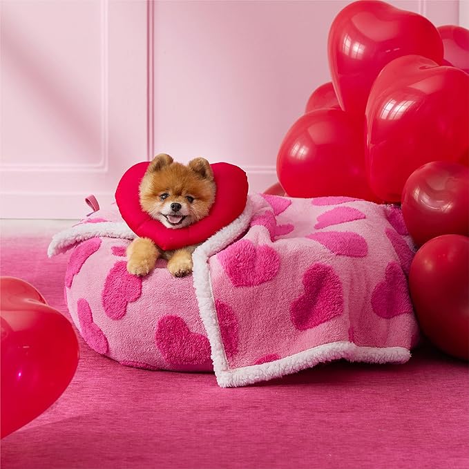 LE SURE Waterproof Puppy Blanket for Small Dogs - Washable Double Sided Dog Blankets with Warm Jacquard Shag and Soft Sherpa Fleece, Pet Cat Blanket for Couch Protection, Love Pattern Design，Pink