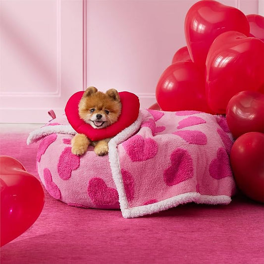 LE SURE Waterproof Puppy Blanket for Small Dogs - Washable Double Sided Dog Blankets with Warm Jacquard Shag and Soft Sherpa Fleece, Pet Cat Blanket for Couch Protection, Love Pattern Design，Pink