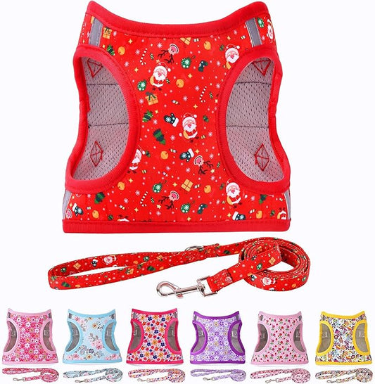 Moonpet Step in Christmas Xmas Day Dog Harness Leash Set- All Weather Reflective No-Pull Floral Pattern Padded Mesh Vest Harness for Cats Puppy Extra-Small Small Medium Large Dogs - M