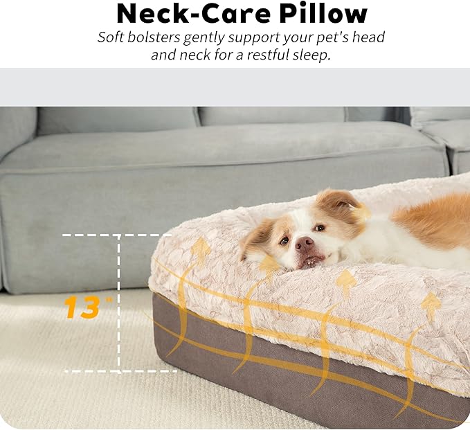 Memory Foam XL Dog Bed for XLarge Sized, Extra Large Orthopedic Dog Sofa with Sides and Waterproof Liner, Washable Bolster Pet Bed Couch with Removable Cover, 60x43x13 Inch, Khaki