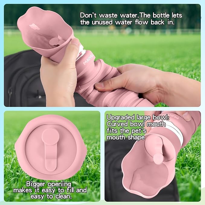 Collapsible Dog Water Bottle, Portable Pet Travel Water Dispenser with Foldable Silicone Bowl, BPA Free Food Grade, 8oz-19oz Leak-Proof Dog Drinking Bottle for Walking, Hiking, Camping (Pink)